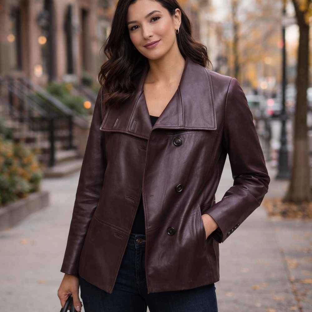 Cole Haan Eggplant Leather Jacket | Genuine Lambskin Moto Blazer | Size S